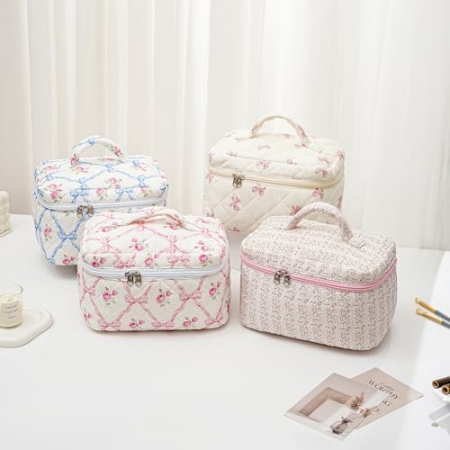 2 Pcs Makeup Bag Cosmetic Bag for Women Girls, Cute Large Large Floral Cosmetic Bag, Flower Travel Toiletry Bag Makeup Brushes Cotton Makeup Bag Set (Pink+Pink)