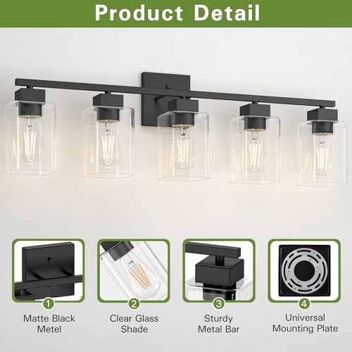 Espird Black 5-Light Bathroom Vanity Light with Square Glass Shades - 31 Inch Matte Black Fixture Over Mirror for Bathroom & Living Room - UL Certified