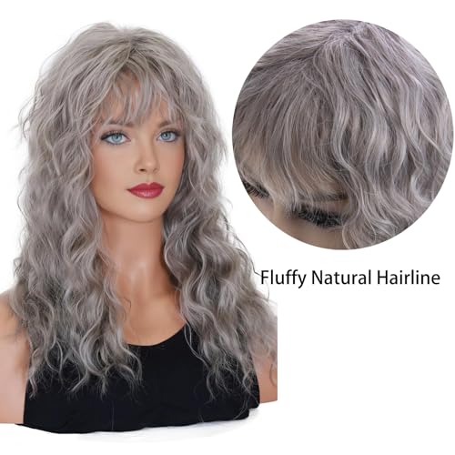 Long Curly Wavy Synthetic Wig for Women with Bangs - Grey, Heat Resistant, Halloween & Party Hair