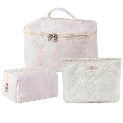 3-Pack Quilted Cotton Seashell Makeup Bags - Travel Toiletry Organizer, White (Variation 08)
