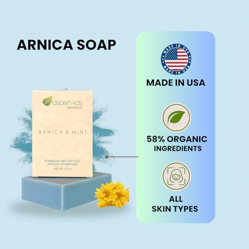 Aspen Kay Naturals Arnica Soap. With Organic Shea Butter, Arnica Oil & Pure Essential Oils. All Skin Types. Made in the USA. 4.5 oz Bar