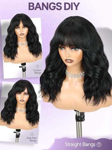 Black Short Wavy Bob Wig with Bangs for Women - 16 Inch Layered Curly Style - Variation: Black