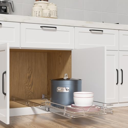 Pull Out Cabinet Organizer 2 Pack - 15W x 21D Inch Sliding Shelves for Kitchen & Bathroom