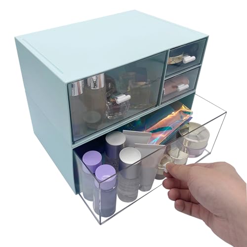 Blue 4-Drawer Makeup & Desk Organizer, Plastic Storage Box for Vanity & Office