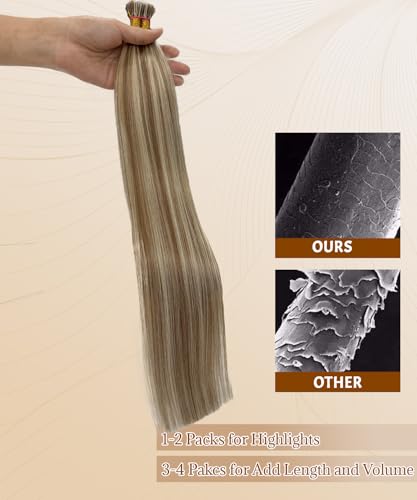Human Hair Extensions Balayage Brown to Blonde 14 Inch 50g - Seamless I Tip, Ultra Soft, Long Hair
