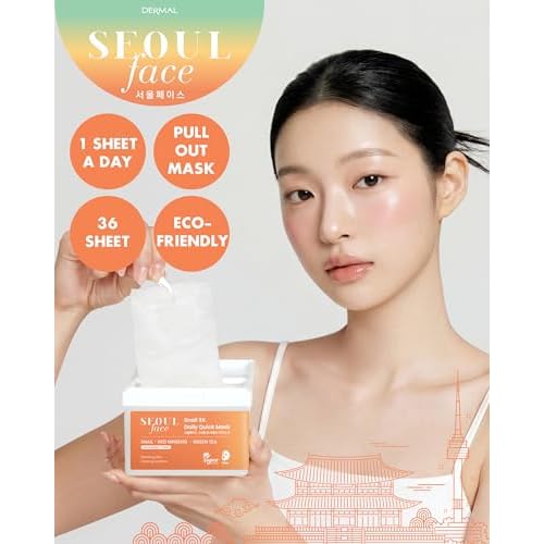 DERMAL Seoul Face Snail Mucin 5-Min Quick Sheet Mask 36 Count Bulk, Korean Morning Pull-Out Dispenser with Tweezers, Red Ginseng Green Tea Antioxidant Face Mask for Skin Renewal, Vegan Tencel
