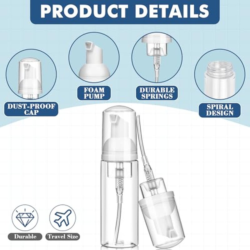 100 Pcs 2 oz Plastic Foam Pump Bottle Refillable 60ml Travel Mousse Foaming Soap Dispenser Mini Eyelash Cleaning Foam Bottle Dispenser for Face Wash Lash Shampoo Skin Care