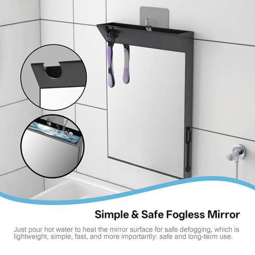 Wall Mount Anti Fog Mirror for Shower,Large Black Mirror for Bathroom,Hot Water Powered Defogging Shower Mirrors for Shaving for Women Makeup,Heated Makeup Mirror Hanging with Hook