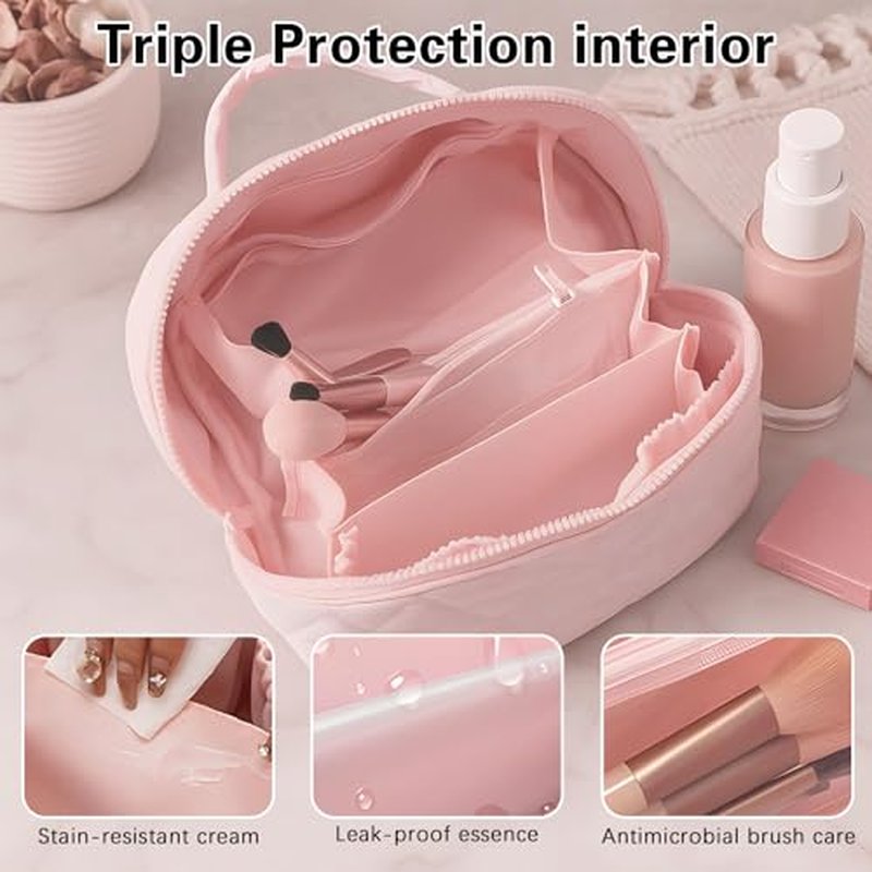 Makeup Bag Travel Toiletry Bag, Puffy Padded Make Up Bags for Women, Waterproof Cosmetic Organizer, Makeup Organizer Wide-open Pouch Purse, Travel Essentials for Toiletries Accessories Storage (White)