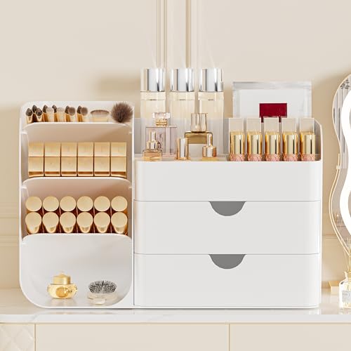 Makeup Organizer with 2 Drawers & Brush Holders - All White, M