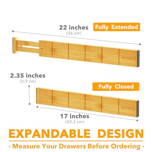 SpaceAid Bamboo Drawer Dividers with Labels, Expandable 17-22 Inch Natural Organizer, 10 Pieces with Inserts (Variation: 2.35''H, 17-22''L, 10 Dividers)