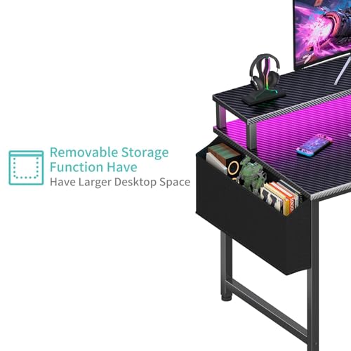 Lufeiya 40-Inch Gaming Desk with LED Lights & Power Outlets - Carbon Fiber Black