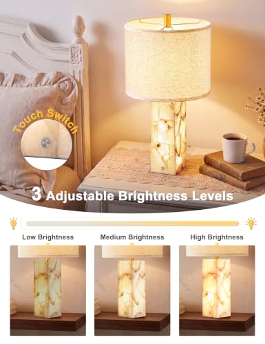 White 23-Inch Alabaster Table Lamp Set of 2 - Modern Marble Nightstand Lamps with Linen Shade, Touch Control & 3-Level Dimming