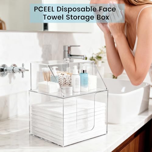 Disposable Face Towel Storage Box Compatible with Clean Skin Club XL, 3-in-1 Detachable 2-Layer for Cleaning Accessories, Face Towel Holder for Bathroom, Vanity Makeup, Holds 50, Clear Acrylic