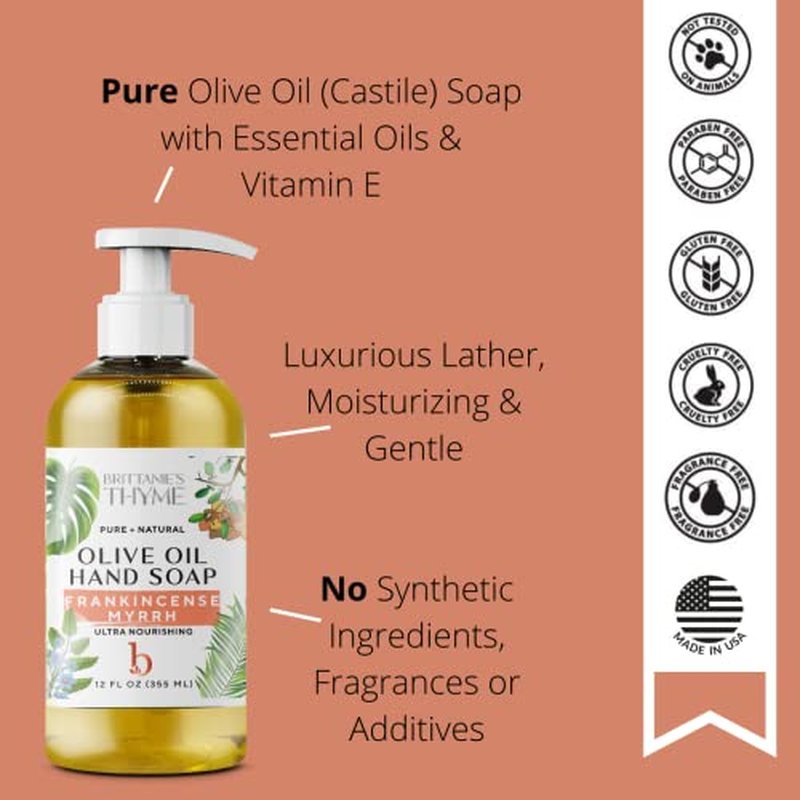 Brittanie¡¯s Pure Castile Liquid Soap Refill, Frankincense, 12 Ounce 3 Pack | Dish Soap, Hair & Body, Home, Gentle and Pure, Made with Natural Luxurious Oils, Vegan & Gluten Free Non-GMO
