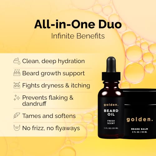 Golden Grooming Beard Bundle for Black Men - Fresh Scent - Natural Growth Kit with Balm & Oil