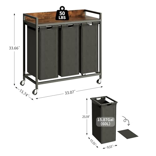 Laundry Hamper with 3 Detachable Bags & Shelf - Rustic Brown & Black - 3 x 15.87 Gallons