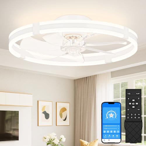 White 23.6 Inch Low Profile Ceiling Fan with Lights & Remote - Dimmable, Quiet, Flush Mount for Bedroom