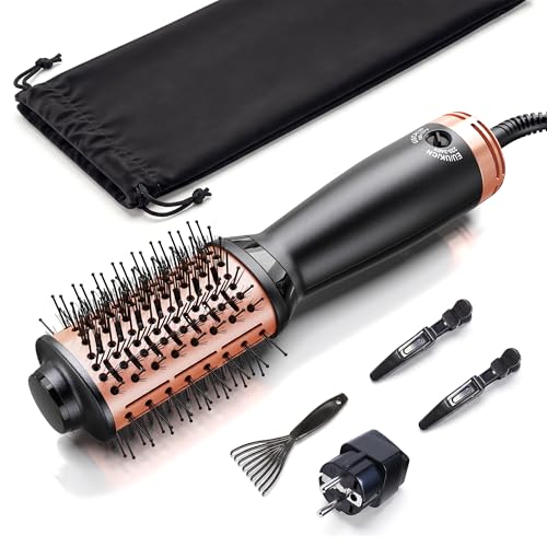 Pink Gold Dual Voltage Travel Hair Dryer Brush with Pouch - Compact, Lightweight, 2 Speed, 360° Swivel, Curls & Volume