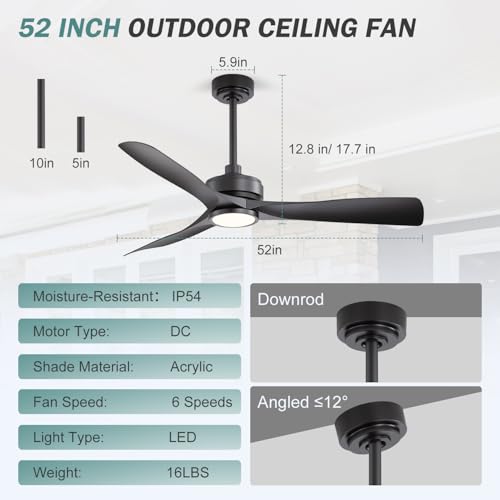 Breezary 52 Inch Outdoor Weatherproof Ceiling Fan with Light and Remote