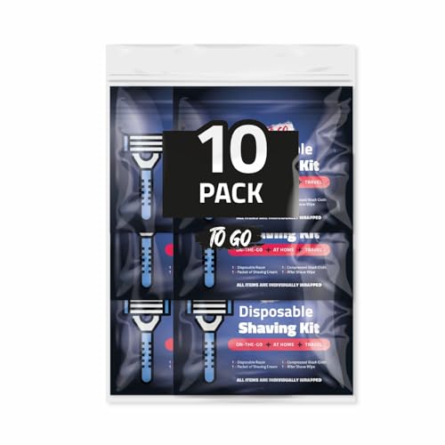 On-the-Go Shaving Kit ? Disposable Razor, Shaving Cream, Washcloth & Aftershave Wipe ? Travel Friendly, Grooming Essentials for Hygiene when on the Go - Black (10)