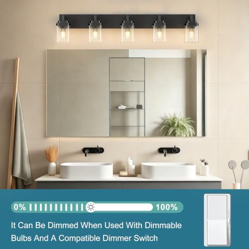 Matte Black Bathroom Light Fixtures - 5-Light Modern Vanity with Clear Glass Shades - Black / 5-Light