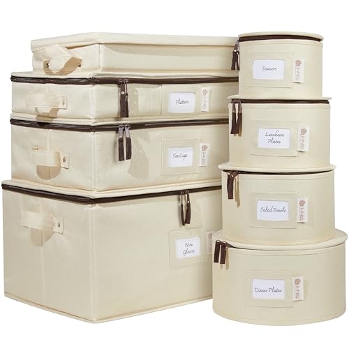 8 Pack Beige Storage Hard Shell Containers - Padded Dishware Moving Boxes