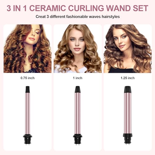 Karrong 3-in-1 Curling Iron Set with 0.75-1.25 Inch Interchangeable Ceramic Wands for Beach Waves & Curls - Fast Heating, Dual Voltage, Heat-Resistant Glove & Clips