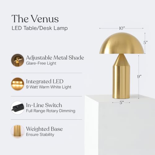 Brightech Venus Mushroom Table Lamp Brass - Dimmable Modern Accent Light for Living Room & Bedroom