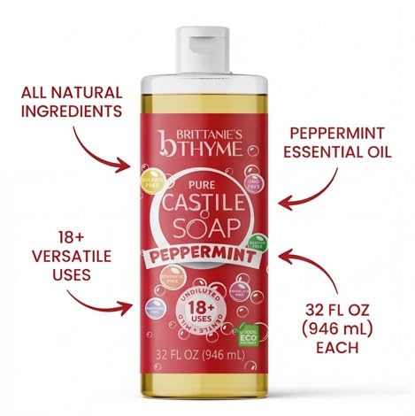 Brittanie's Pure Castile Liquid Soap Peppermint 64 Fl Oz - Nourishing Hand Wash with Organic Olive & Coconut Oil