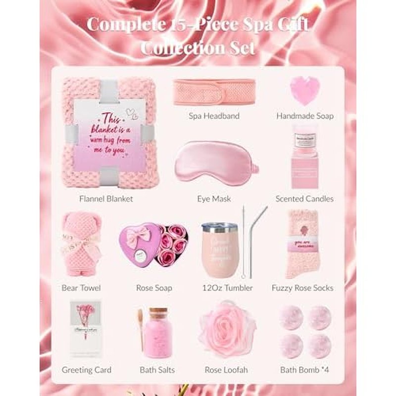 Belloxis Valentines Day Gifts for Her 15Pcs Spa Gifts for Women Self Friend Care Gift Baskets Get Well Soon Presents Pink Rose Care Relaxing Package Basket Set Valentine for Mom Sister Wife Grandma