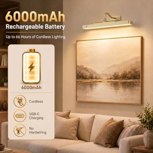 Rechargeable Motion Sensor Picture Light - Gold Wall Mount, 1 Pack - Dimmable, Remote Control