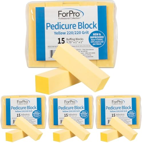 ForPro Professional Collection Yellow Pedicure Block, 220/220 Grit, Three-Sided Pedicure Nail Buffer, 3.75¡±L x 1¡±W x 1¡±H, Yellow, 15-Count (Pack of 4)