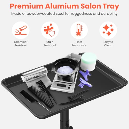 TASALON Rolling Salon Trolley Tray - Black Aluminum, Adjustable Height, Professional Styling Cart