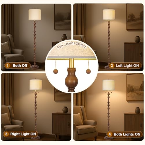 Dark Brown Natural Wood Floor Lamp with Linen Shade & Dual Pull Chain Switch