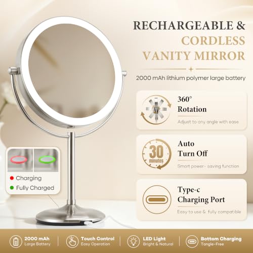SANFANGIE 9-inch Brushed Nickel Lighted Makeup Mirror with 20X Magnification