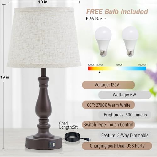 EJIAXIN Set of 2 Beige Fabric Dimmable Touch Bedside Table Lamps with USB-C + A Ports