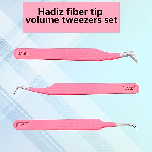 Hadiz Fiber Tip Volume Lash Tweezers Eyelash Extensions Volume Mega Volume 45 and 90 Degree Tweezers(Pack of 3, PINK)