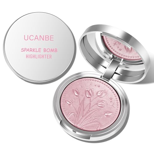 UCANBE Sparkle Bomb Baked Highlighter, Powder Highlighter Makeup, High Glossy Illuminator Palette for Face & Body, Weightless and Buildable (03 Rose Glow)