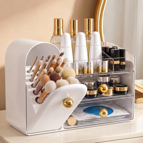 White Makeup Organizer for Vanity with Drawers & Brush Holder - Skincare Storage