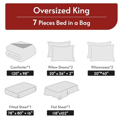Oversized King Reversible Comforter Set 7-Piece Bed in a Bag - Red & Black, 120x98