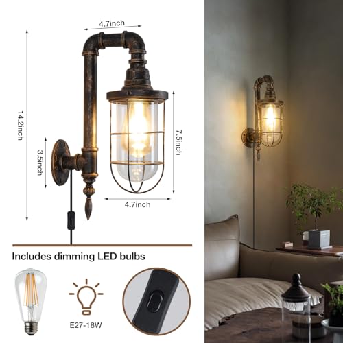 2 Pack Industrial Plug-in Wall Sconces with E26 LED Bulbs, Rustic Metal Design