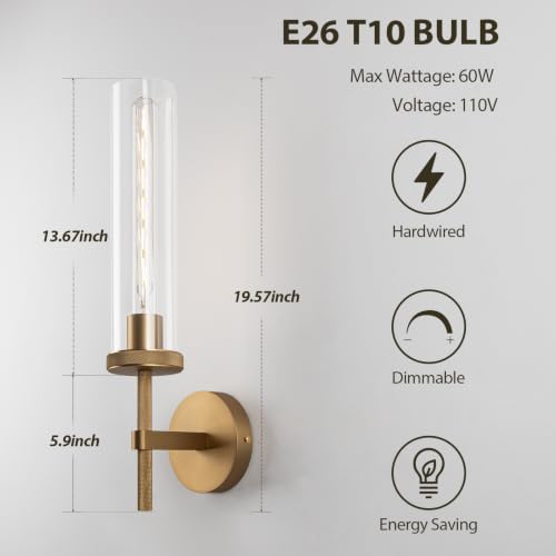 19.5-Inch Gold Knurled Wall Sconces Set of 2 with Clear Glass Tubes - Modern Bathroom Vanity & Living Room Lighting