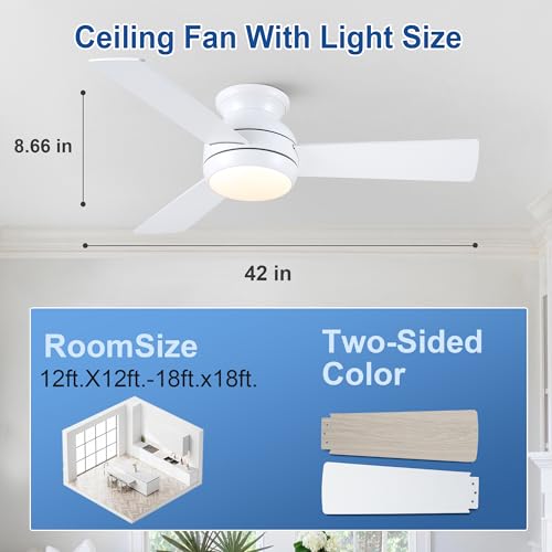 42 Inch Flush Mount Low Profile Ceiling Fan with Light - White / Flush Mount