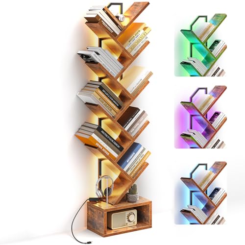 Small Vintage Tree Bookshelf with RGB LED Lights, 8-Tier Space-Saving Design
