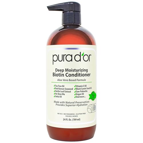 PURA D'OR Deep Moisturizing Biotin Conditioner Thickens, Softens, & Moisturizes Dry, Frizzy, Damaged Hair w/Argan Oil, Pumpkin, Rosemary, Honeysuckle, Vitamin E, Men & Women, 24oz