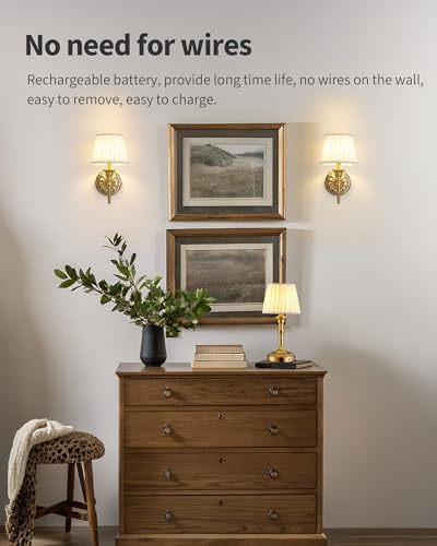 KDG Set of 2 Gold Wall Sconces with Beige Fabric Shades, Dimmable Touch-Control Lamps, Wireless Rechargeable LED Wall Lights