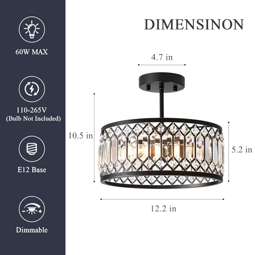 Crystal Black Ceiling Light - 12 Inch 3-Light Semi Flush Fixture - Modern Home Lighting