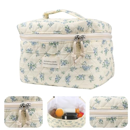 Cute Makeup Bag Set for Women - Quilted Floral Travel Cosmetic Organizer - Blue Rose, 4 Pack