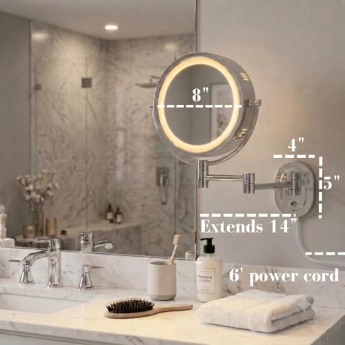 JERDON Lighted Wall-Mount Makeup Mirror - 5X Magnification - Nickel Finish